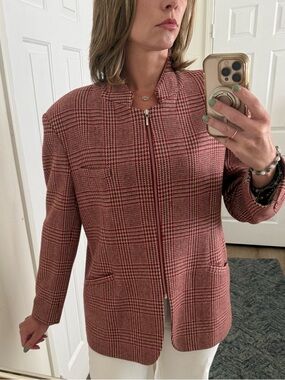 Vintage Stylish by Et Vous Red Glen Plaid Wool Blend Zip Blazer Jacket L